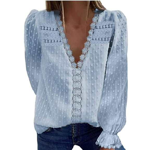 HXWCHs Product Category Women's T-Shirts | Women's Fashion Casual V-Neck Lace Long Sleeve Pullover Blouse top for Everyday Wear Blue XL