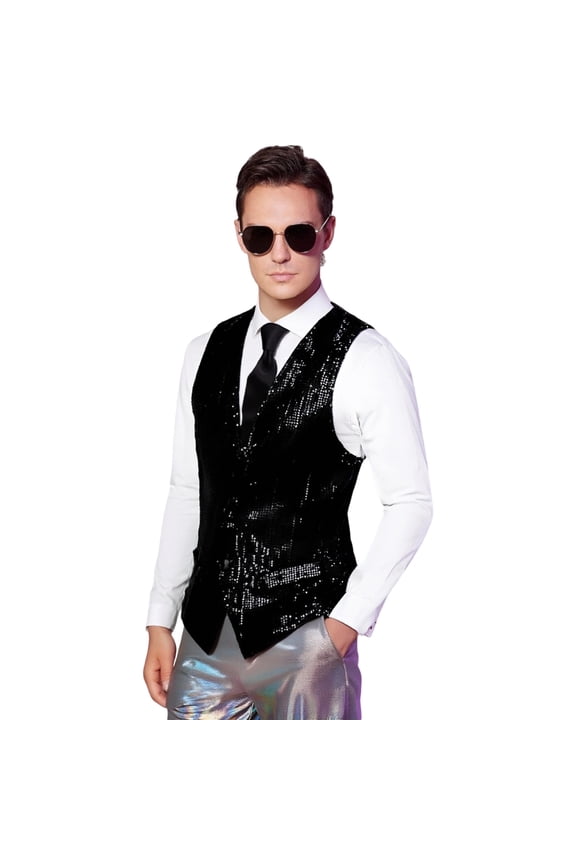 Reversible Sequin Glitter Vest for Men Sparkling Party Wear Shiny Metallic Double Night Out Fashion XXXXL Black