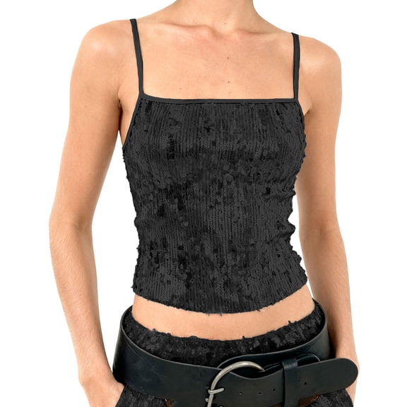 HXWCHs Sequin Camisole Elegant Low Cut Sleeveless Blouse Versatile Basic Tank ofp for Women Party Night Out M Black