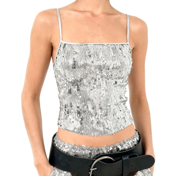 HXWCHs Sequin Camisole Elegant Low Cut Sleeveless Blouse Versatile Basic Tank ofp for Women Party Night Out M Silver