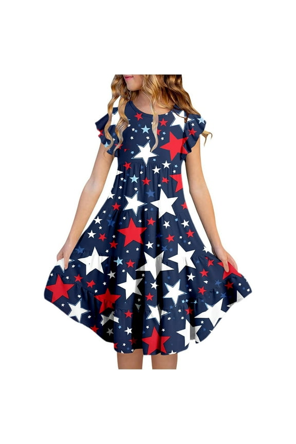 Sequin Dress Girls Patriotic Flutter Sleeve Tiered Summer Dress with Pockets A-Line Casual Comfortable toddler Kids Holiday Outfit 6-7 Years Navy