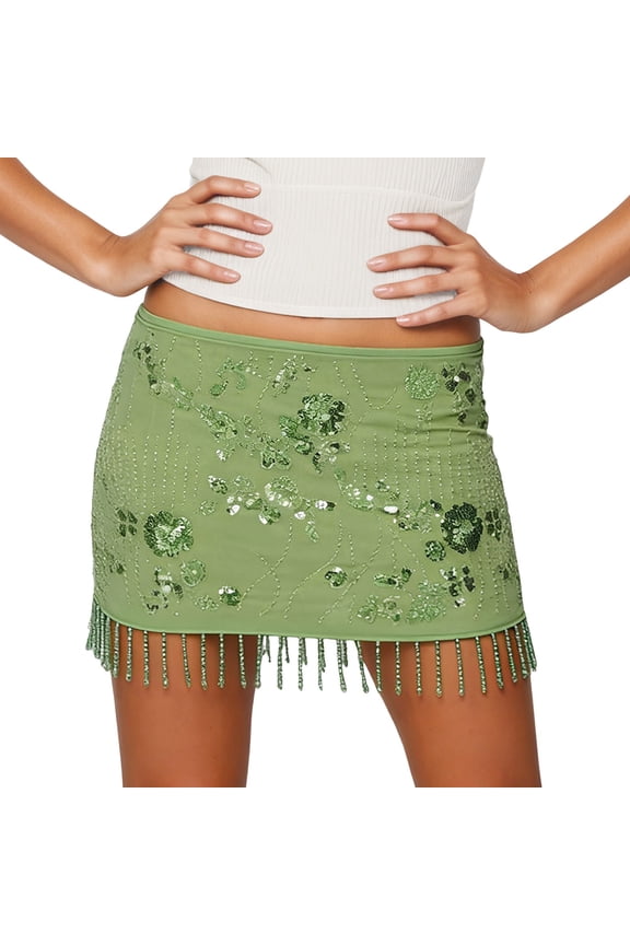Sequin Glitter Floral Beaded Mini Skirt Low Waist Tassled Party Clubwear Evening OutfitXL Green