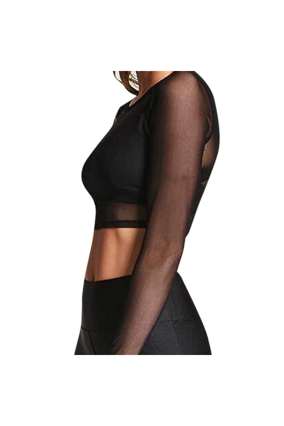 Sheer Mesh Long Sleeve Crop top Blouse Tee for Women tops M Black