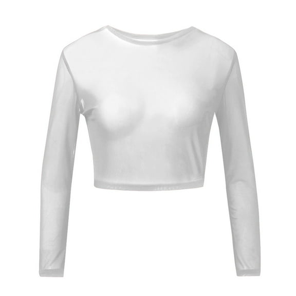HXWCHs Sheer Mesh Long Sleeve Crop top Blouse Tee for Women tops S White