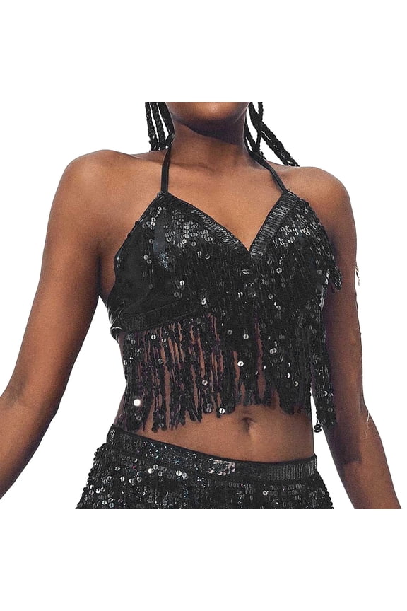 Silver Sequin Top Fringe Bra Top Sparkly Belly Dance Tops for Women Size: A Black