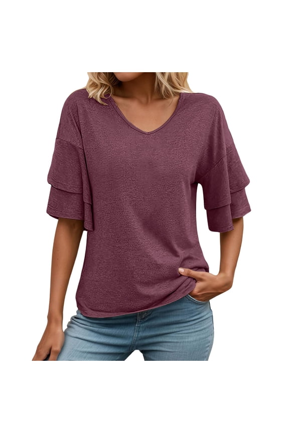 Sleeveless Women's V-Neck Loose Fit T-Shirt with Double Layer Flounce Detail and Short Sleeves XL Light Purple