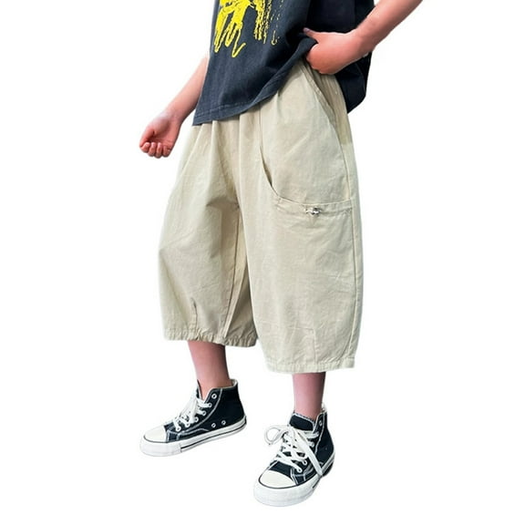 HXWCHs Soft Cotton Boys' Sweatpants - Lounge & Play Boys Summer Capri Pants Adjustable Functional Pockets Slim Fit Casual Lightweight Comfortable Stretchable Elastic Waist Brown 8-9 Years