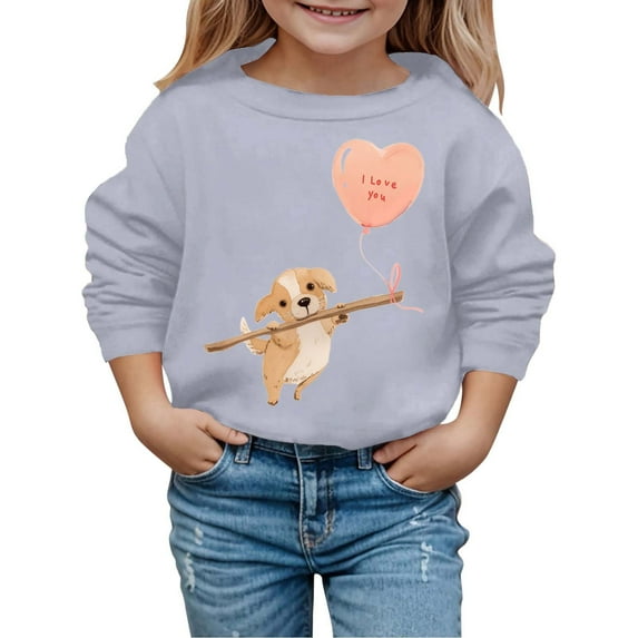 HXWCHs Soft cotton girls' sweatshirts Valentine's Day Girls Puppy Print Hooded Sweatshirt Fashionable Winter Autumn Children's Casual Pullover top Light Gray 5-6 Years