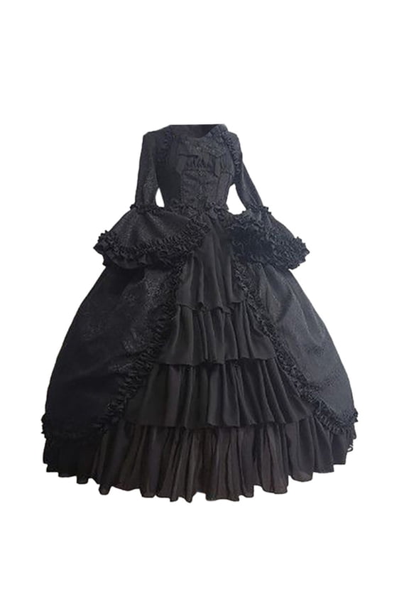 Solid Color Gothic Victorian Court Dress Women's Vintage Fitted Waist Party Gown Black XXXXXL