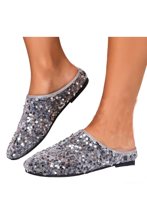 Sparkly Glitter On Mule Loafers Comfortable Open Back Casual Shoes for Women 36 Silver