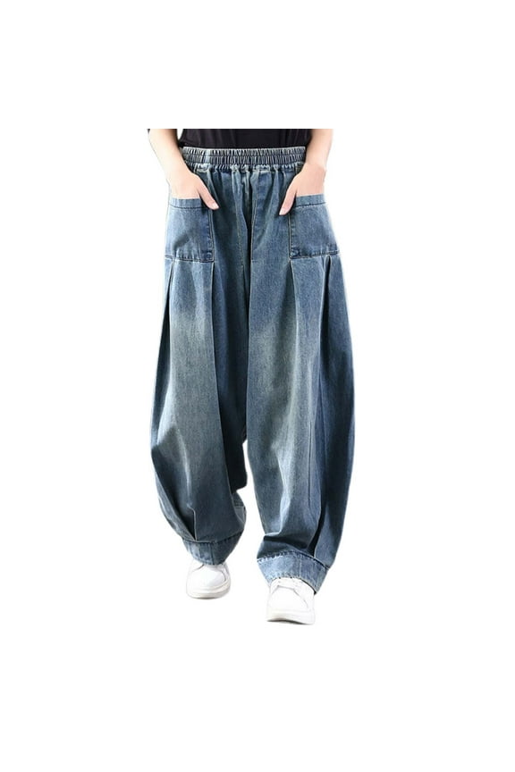 Stretch Women's Skinny Jeans Soft Fabric & Flexible Plus Size Women's Loose Fit Harem Denim Jeans Casual Comfort Stretch Trousers with Pockets Blue M