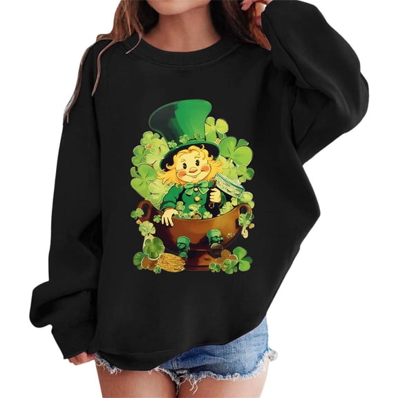 HXWCHs Stylish Girls St Patricks Day Themed Crewneck Sweatshirt with Graphic Prints Long Sleeve Drop Shoulder Casual Pullover Top 4-5 Years Black