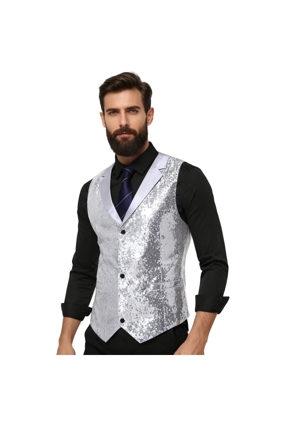 Stylish Two ofne Sequined Vest for Stage Performance Phoofgraphy and formal Events XL Silver