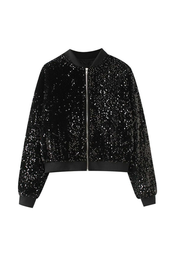 Stylish Women's Casual Sequin Glitter Jacket with Zipper Closure and Long Sleeves for Evening Outings Black XL