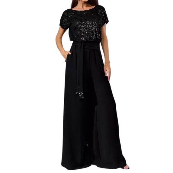 HXWCHs Stylish Women's Fashion Jumpsuit with Sequins Detail for Casual and Comfortable Short Sleeve Wear Black XXXL