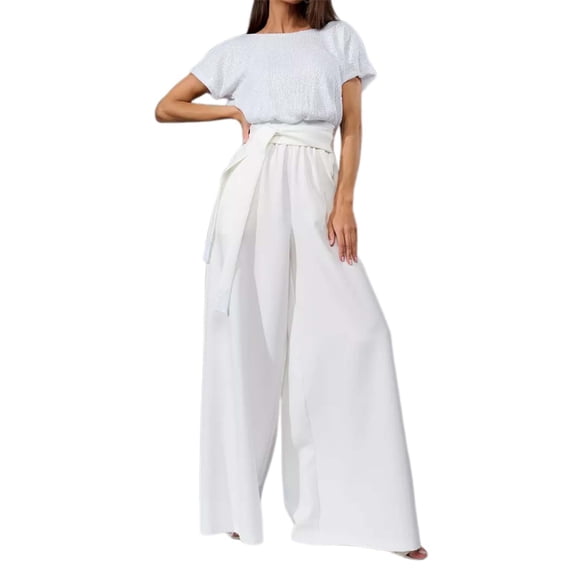 HXWCHs Stylish Women's Fashion Jumpsuit with Sequins Detail for Casual and Comfortable Short Sleeve Wear White XXXL