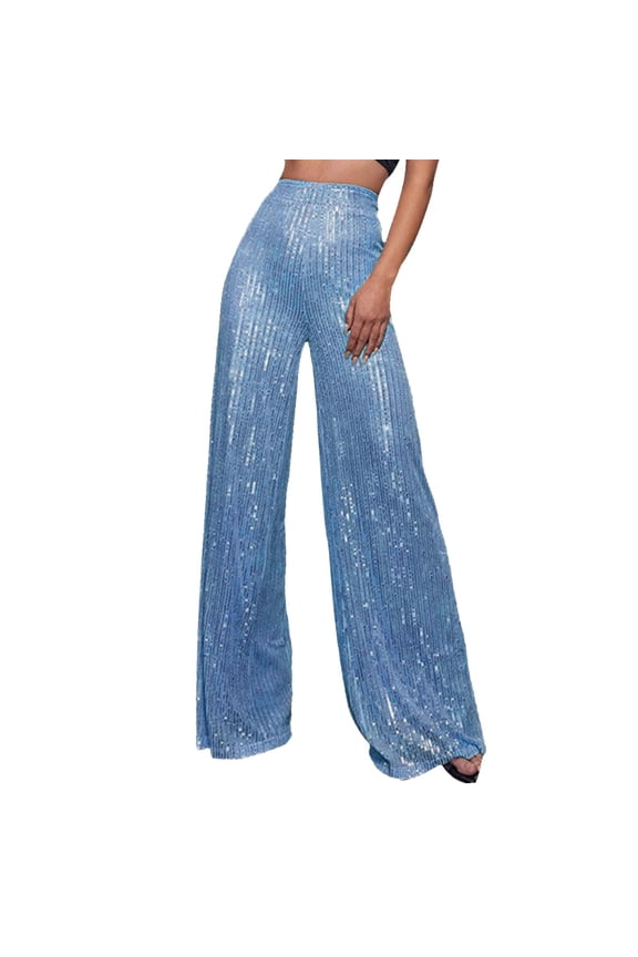 Stylish Women's High Waist Flared Trousers wtih Sparkling Sequins for Evening Parties and Casual Outings XXXXL BU2
