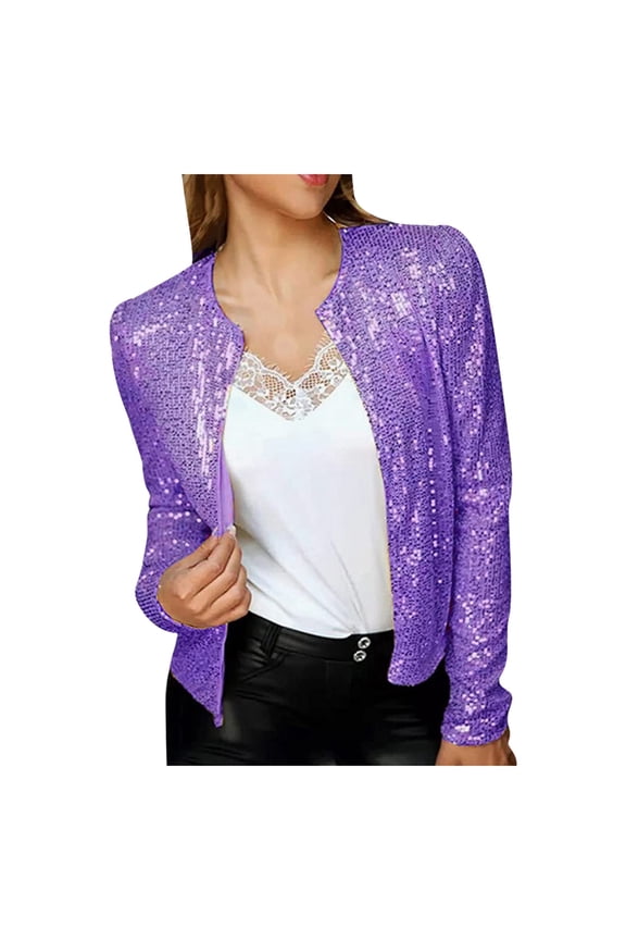 Stylish Women's Sequin Short Casual Jacket for Fashion Outerwear M Purple