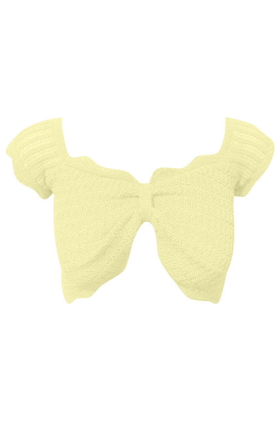 Summer V Neck Hollow Out Cropped Tee for Women Thin Soft Stretch Casual Basic top Pure Color Fashion S Yellow