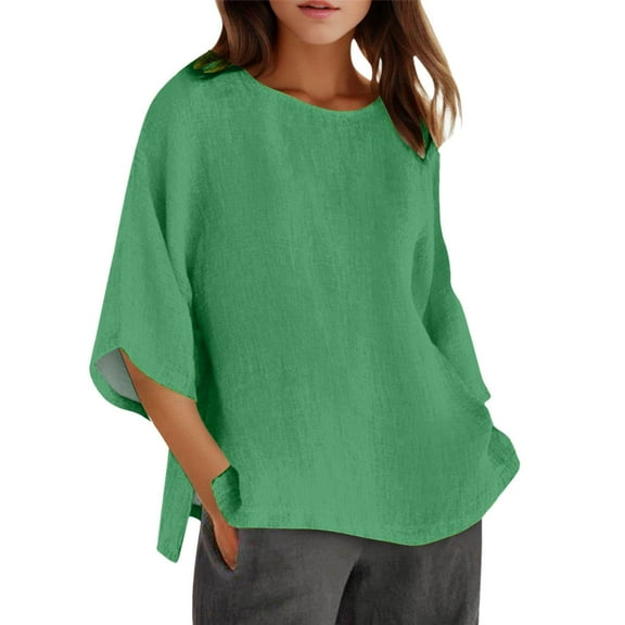 HXWCHs Summer Women's T Shirt Casual Linen Tunic Tee Blouse with Floral Print Loose Crew Neck 3/4 Sleeves Lightweight Breathable top for Everyday Wear Green M