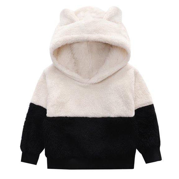 HXWCHs Toddler Color Block Hoodie, Long Sleeve Thickened Warm Bear Ear Hooded Sweatshirt White 2-3 Years