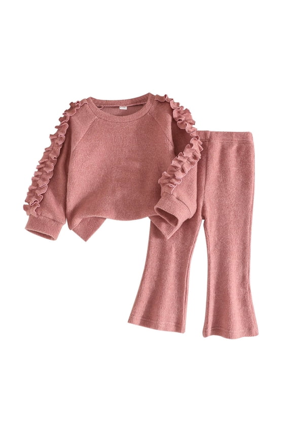Toddler Girl Bow Decor Long Sleeve Sweatshirt Breathable Cotton with Ruffle Flower Trim and Heart Print Comfortable Pants Outfit for Toddler Kids Spring Fall Casual Wear Pink 2-3 Years