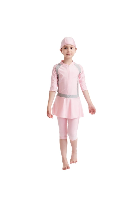 UV Protection Girls Rash Guard Set Full Coverage Long Sleeve Swim Dress with Skirt for Girls Beachwear 14-15 Years Pink