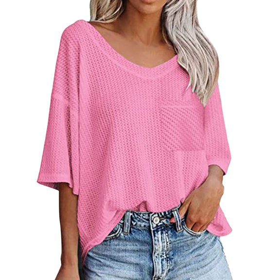 HXWCHs V-Neck Short Sleeve Loose Fit Tee top for Women Soft Breathable Everyday Basic Casual Comfort Summer T-Shirt S Pink