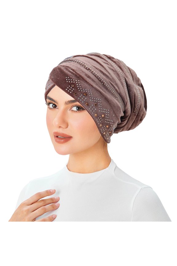 Velvet Rhinestone Turban Slouch Headband Elegant Hair Accessory for Women Fashion One Size Khaki