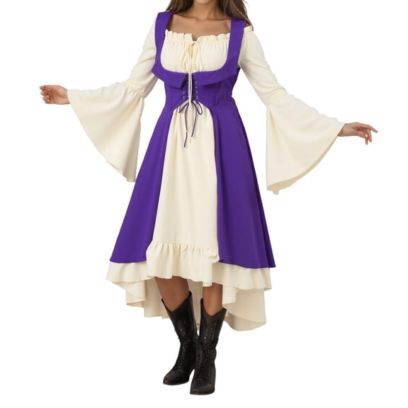 HXWCHs Victorian Court Dress for Women Solid Color Fitted Waist Gothic Retro Party Gown Purple L