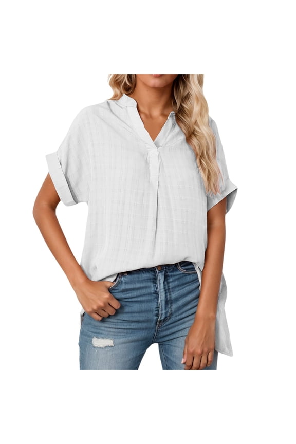 Women Basic Solid T Shirts Women's Summer V Neck Casual Loose Fit Short Sleeve T-Shirt Comfortable Everyday Basic top XL White
