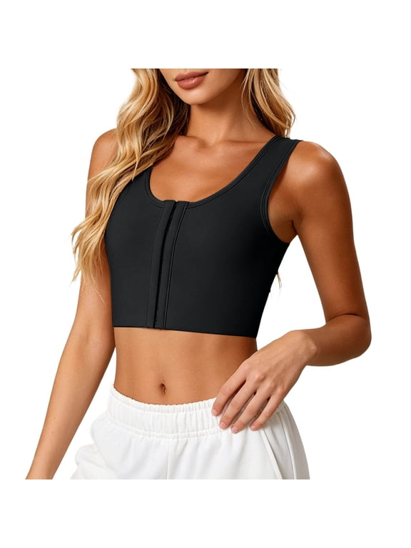 Women Chest Binder Tank Top Front Three Row Hook Closure Adjustable Compression Breathable Smoothing Shaping Crop Tank Size: XXXL Black