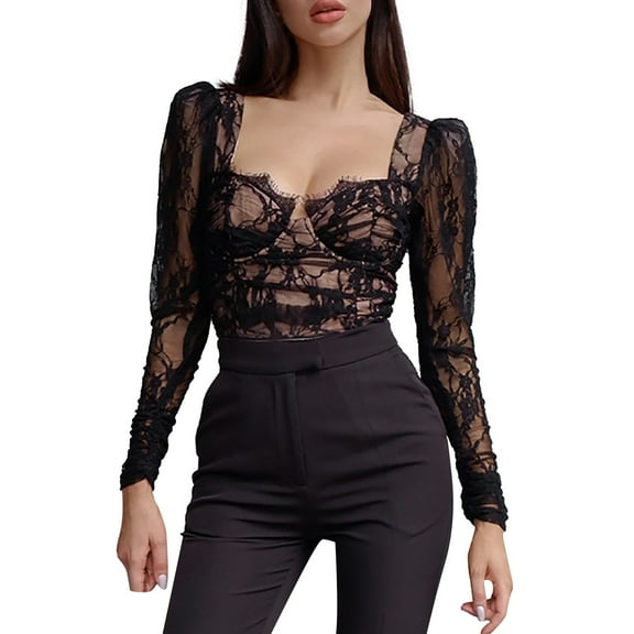 HXWCHs Women Fairy Tops Clothing – Elegant Lace Blouse with Long Sleeves for Stylish Women Breathable Knit Fabric Versatile Day-to-Night Wear L Black