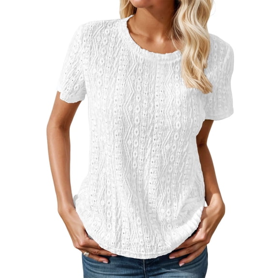 HXWCHs Women Plain Tees for Summer Women's Fashion Casual Crew Neck Hollow Out Short Sleeve Knit top for Dressy Everyday Wear M White