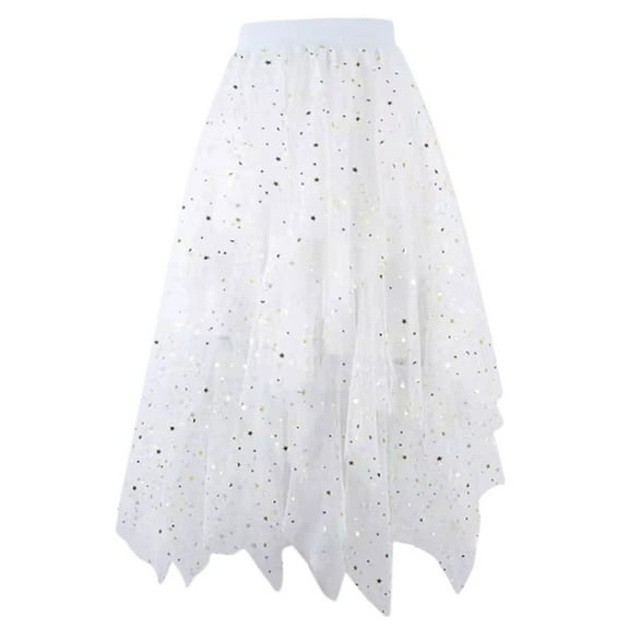 HXWCHs Women's A-Line Midi Skirt with Elegant High-Low Layered Design for a Fairy Tutu White M