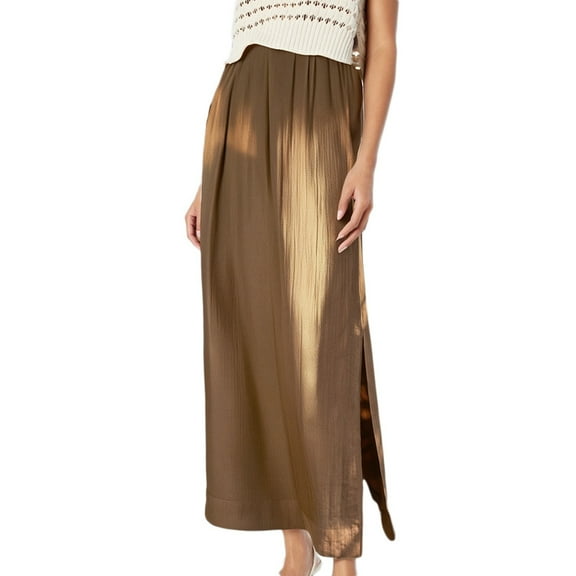 HXWCHs Women's A-Line Side Slit Maxi Skirt Flowy Comfortable Summer Casual Daily Wear Outing Dinner Party Elegant Brown S