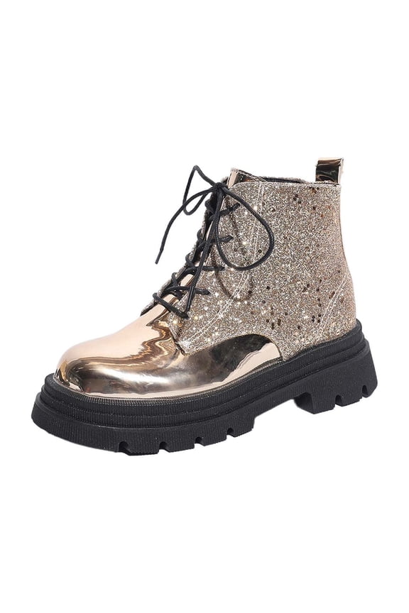 Women's Ankle Boots Stylish Round toe Paneling Sparkling Platform Thick Heel Lace Up Western Boots for Everyday Casual Holiday 39 Gold