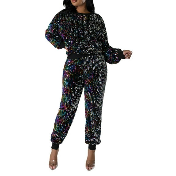 HXWCHs Women's Autumn Winter Sequin Knit Tracksuit Set Fashionable Casual Wear Two Piece Outfit with Straight Leg Pants Multicolour XL