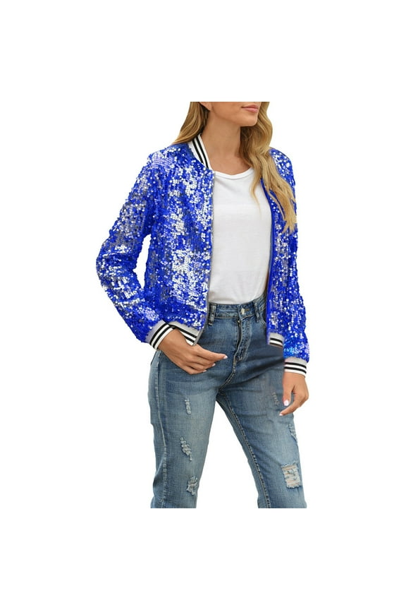 Women's Autumn Winter Sequin Long Sleeve Baseball Style Casual Jacket Cardigan for Fashion Outerwear M Blue