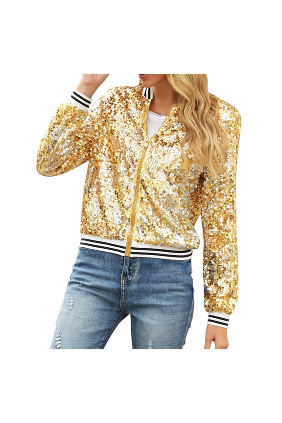 Women's Autumn Winter Sequin Long Sleeve Denim Jacket Cardigan Baseball Style Outerwear L Gold