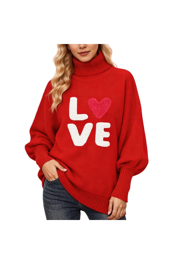 Women's Batwing Sleeve High Neck Knitted Pullover Sweater Soft Loose Fit Casual Winter Turtleneck top for Fall Season L Red