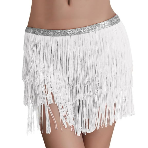 HXWCHs Women's Carnival Dance Skirt with Fringe Waist Scarf and Lace Up Design for Latin Performance One Size White