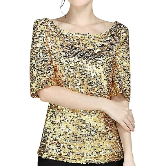 HXWCHs Women's Carnival Performance T-Shirt Solid Color Bead Flip Design Round Neck Short Sleeve Dressy top for Wear XXXXL Gold
