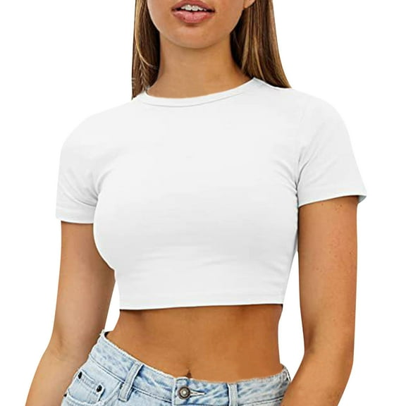 HXWCHs Women's Casual Basic Tee Round Neck Short Sleeve Tight Fitted Solid Color Stretch T-Shirt for Everyday Wear L White