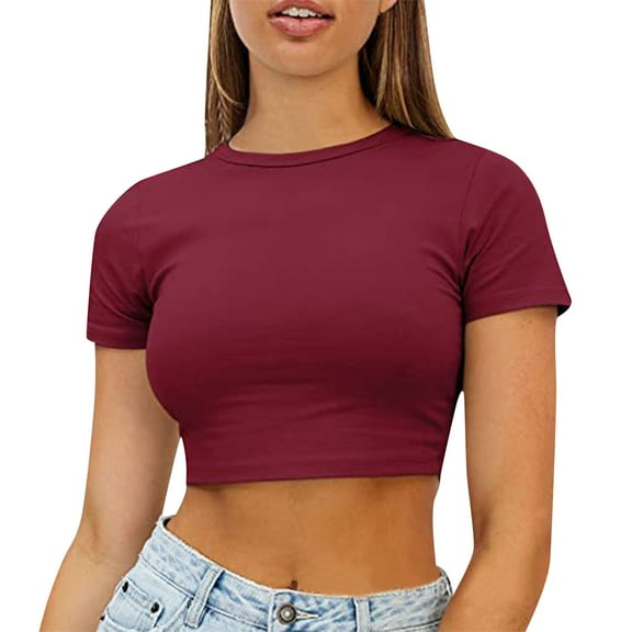 HXWCHs Women's Casual Basic Tee Round Neck Short Sleeve Tight Fitted Solid Color Stretch T-Shirt for Everyday Wear S RD3