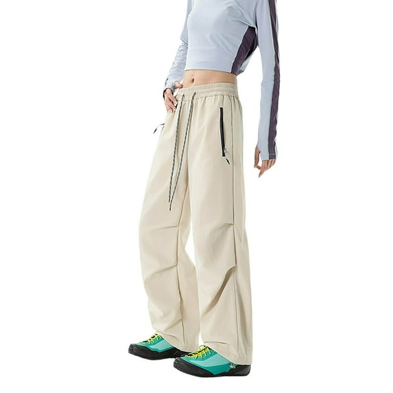 HXWCHs Women's Casual Cargo Parachute Pants with Secure Zipper Pockets for Outdoor Hiking and Travel Adventures M Khaki