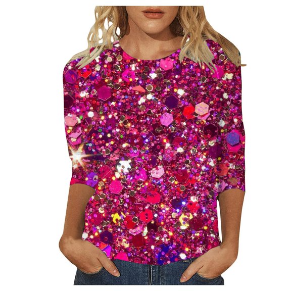 HXWCHs Women's Casual Carnival Sequin Effect 3/4 Sleeve Crew Neck T-Shirt Top for Everyday Comfort Hot Pink M