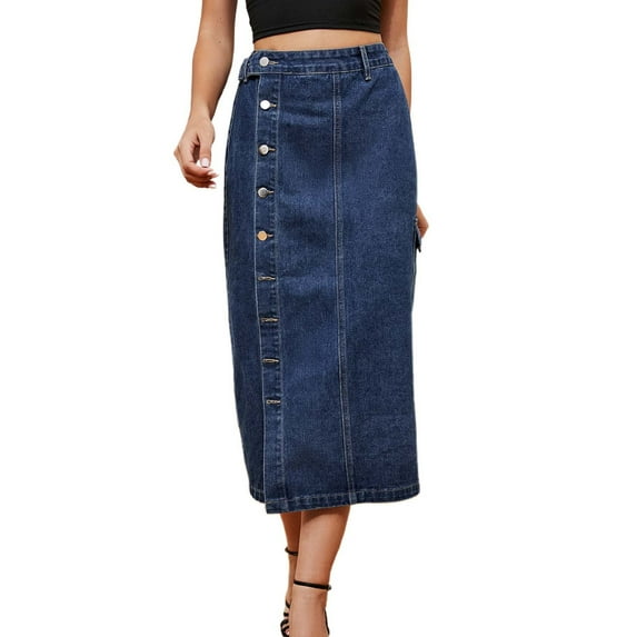 HXWCHs Women's Casual Denim Midi Skirt Stretchy Waistband Comfortable Everyday Wear Stylish A-Line Design Blue M