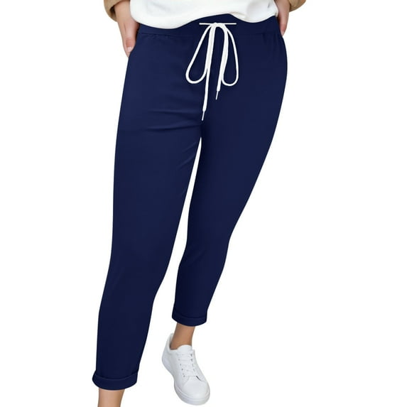 HXWCHs Women's Casual Drawstring Waist Ankle Trousers Pure Color Comfortable Everyday Wear Pants L Navy