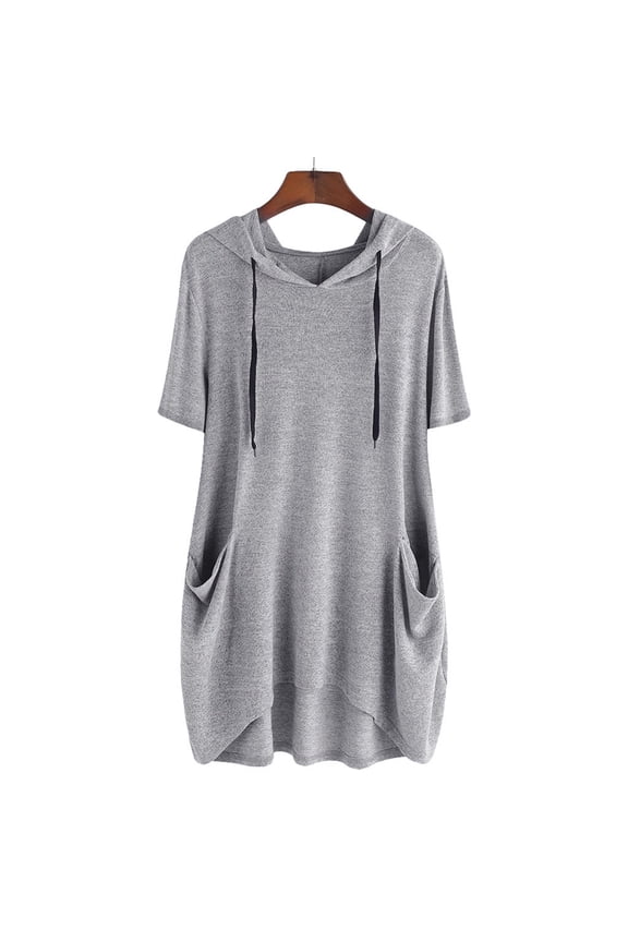 Women's Casual Hooded Cat Ear Pocket Blouse Short Sleeve Solid top Shirt XXXXXL Grey